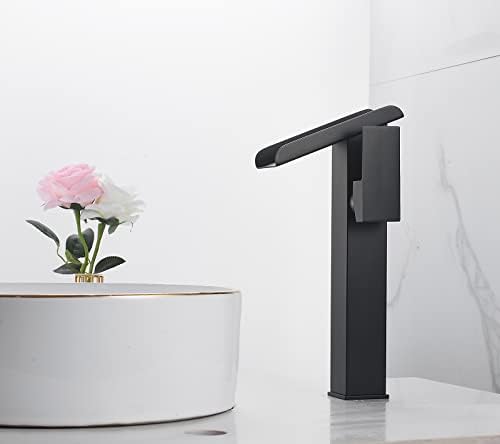 Waterfall Vessel Sink Faucet Bathroom Black Single Hole One Handle Brass Bowl Sink Faucets with Supply Line Deck Mounted Tall Lavatory Vanity Basin Tap Pedestal Commercial - Image 6