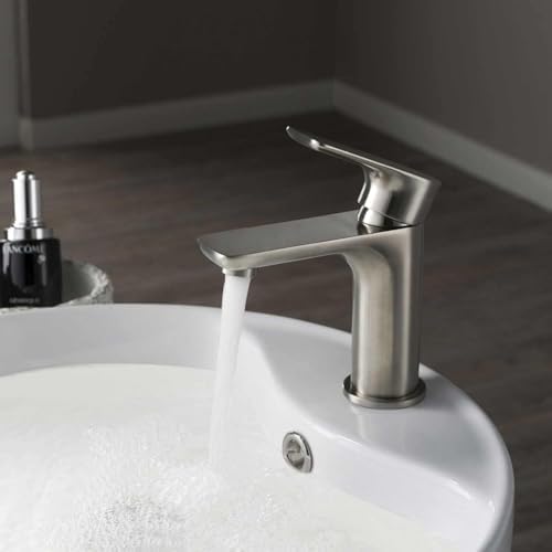 KIBI Tender Brushed Nickel Bathroom Sink Faucet with Pop-Up Drain | Single Handle Solid Brass High Arc Spout | Smooth Water Flow and Corrosion-Resistant (Brushed Nickel W/Pop Up Drain) - Image 6