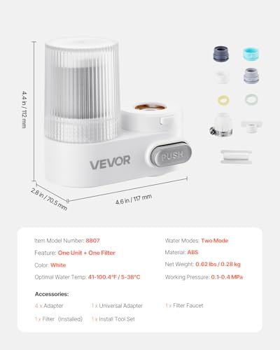VEVOR Faucet Water Filter, Faucet Mount Water Filtration, 5-Stages Tap Filters Reduce 97% Lead, 95% Chlorine, Rust, Water Purifier for Kitchen Bathroom Sink, 320 Gal, 1 Filter, White - Image 7