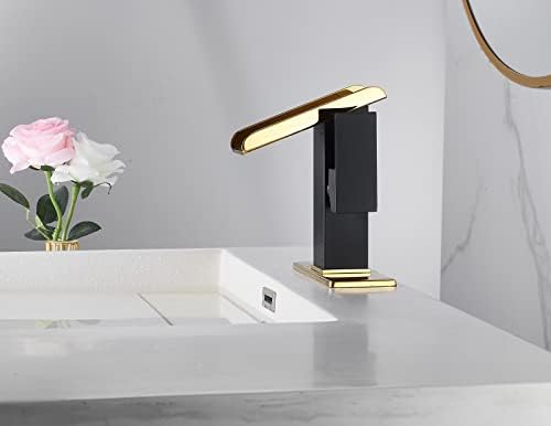 Bathroom Sink Faucet Black Gold 1 Hole Single Handle Waterfall Open Spout Bath Faucets Brass Sinks Lavatory Bath Vanity Faucets Basin Mixer Tap Supply Line Golden Hole Cover Plate - Image 6