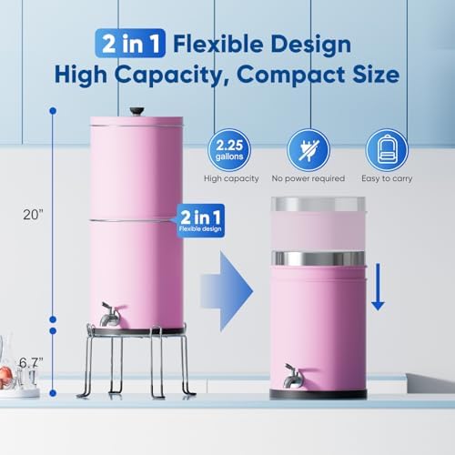 Purewell 3-Stage 0.01μm Ultra-Filtration Gravity Water Filter System, NSF/ANSI 42&372 Certification, 304 Stainless Steel Countertop System with 2 Filters and Stand, Reduce 99% Chlorine, 2.25G, PW-OB - Image 7