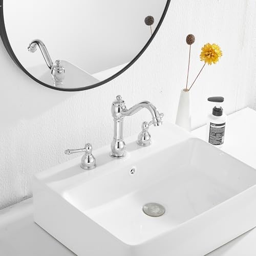 2 Handles 3 Holes Faucet Widespread Bathroom Sink Faucet Basin Tap Mixer Supply Hose Included Matching Pop Up Drain Polished Chrome - Image 7