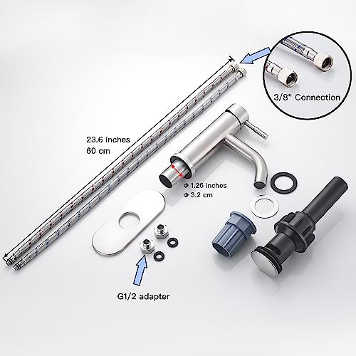 Single Hole Bathroom Sink Faucet Brushed Nicke, Modern Single Handle Bathroom Faucet Commercial Stainless Steel Basin Faucet with Drain - Image 6