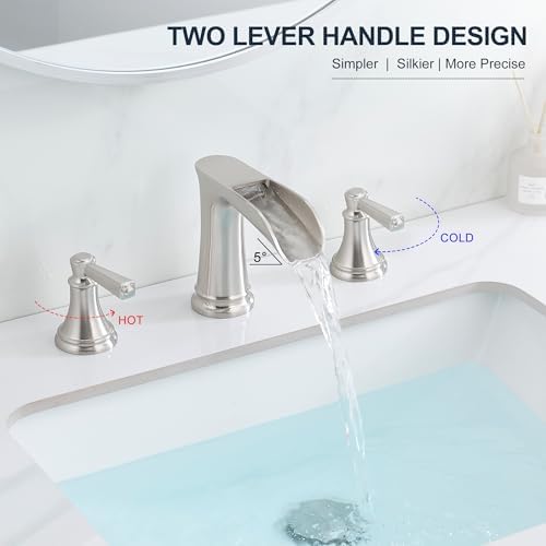 8 Inch Brushed Nickel Bathroom Faucet Widespread, Brass Waterfall Faucet for Bathroom Sink 3 Hole 2 Handle with Pop up Drain & Pre-Installed cUPC Supply Pipe for Restroom, 10 Mins Install - Image 6