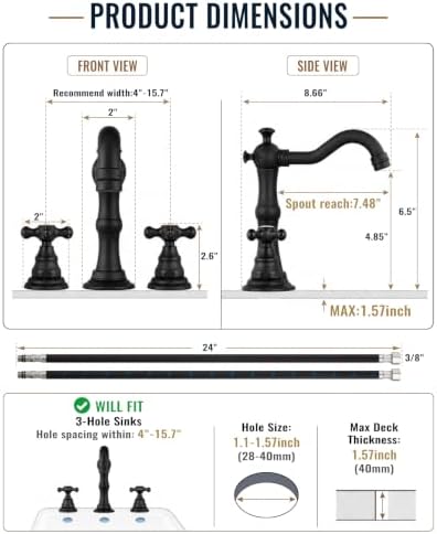 gotonovo Bathroom Faucet 3 Hole Vintage, Matte Black, H C Label - Image 6