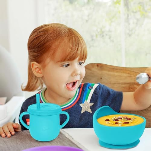 100% Silicone baby feeding set,BPA free Baby dishes set with Suction Bowl Divided Plate,Toddler Self Feeding Dish Set with Spoons Forks Sippy Cup And Bib, Baby Eating Utensils (Cyan Blue) - Image 7