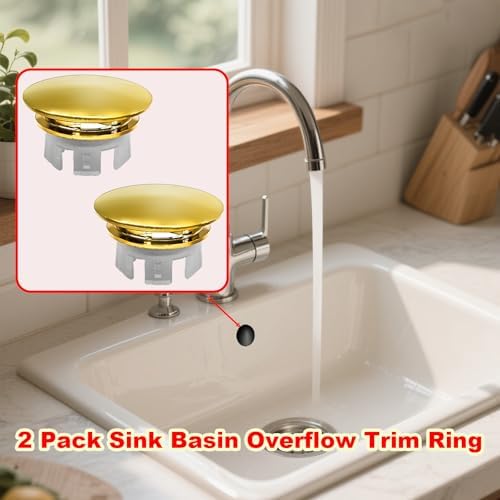 2 Pack Sink Basin Overflow Trim Ring,Solid Brass Bathroom Sink Trim Overfollow Cover,Sink Trim Overflow Cover Insert in Hole Round Caps or Kitchen Bathroom(Bright Gold) - Image 6
