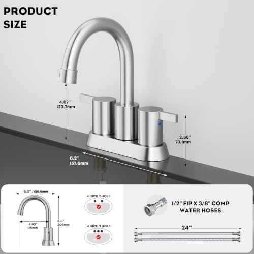 Phiestina Brushed Nickel 4 Inch 2 Handle Centerset Lead-Free Bathroom Sink Faucet, with Copper Pop Up Drain and Water Supply Lines,BF015-1-BN - Image 6