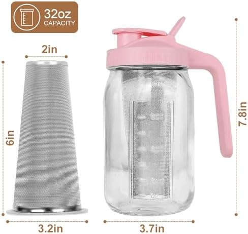 Cold Brew Coffee Maker, 32 oz Mason Jar Pitcher with Stainless Steel Filter, Pour Spout Handle Lid, Heavy Duty Glass Airtight & Leak-Proof for Iced Coffee,Tea & Lemonade - Image 6