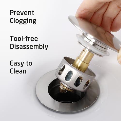 KES Bathroom Sink Drain with Strainer Basket Hair Catcher Anti Clog Pop Up Drain Stopper Vanity Vessel Sink Without Overflow, Brushed Nickel All Metal Rustproof 304 Stainless Steel, S2013D-BN - Image 6