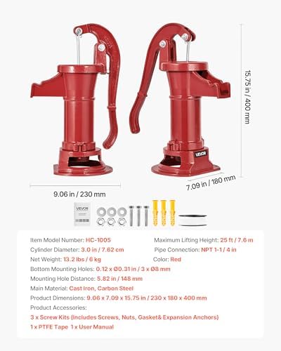 VEVOR Well Hand Pitcher Pump, 25 ft Maximum Lift, Antique Cast Iron Manual Hand Water Pump, NPT 1-1/4 in Connection, Easy Installation, Old Fashioned for Outdoor Garden, Pond, Backyard, Farm, Red - Image 7