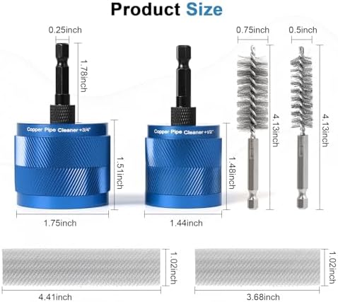1/2" & 3/4" Copper Pipe Cleaner Set for Drill, with 1/4" Hex Shank & 6 Brush Blades & 2 Pipe Cleaning Brush, Plumbing Tools for Removing Rust, Stains & Paint from Copper & Metal Pipes, Blue - Image 7