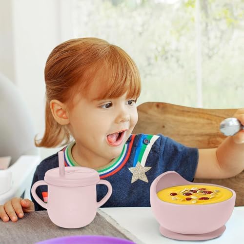 100% Silicone baby feeding set,BPA free Baby dishes set with Suction Bowl Divided Plate,Toddler Self Feeding Dish Set with Spoons Forks Sippy Cup And Bib, Baby Eating Utensils (Lilac) - Image 7