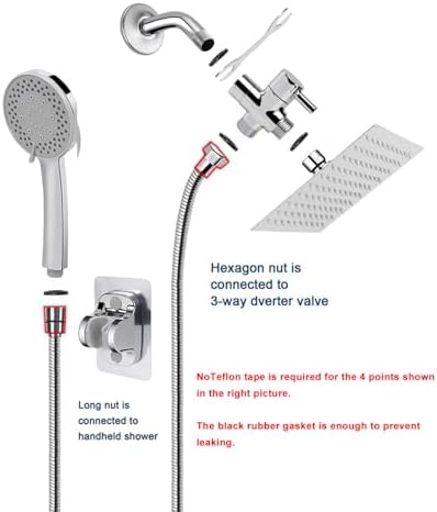 NearMoon Filtered Shower Head, High Pressure 8″Square, 5 settings Handheld Rain Shower Filter Combo with Self-adhesive Holder/1.5M Hose -1 Replaceable Filter Cartridge (Chrome Finish) - Image 6