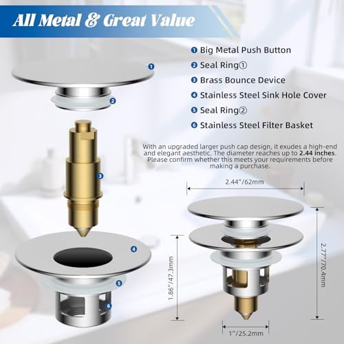 Hibbent All Metal 2 in 1 Bathroom Sink Stopper, Universal Pop Up Drain Strainer, Brass Bullet Core Push Type Sink Stopper for 1.1''~2.3'' Basin, Big Push Button, Anti Clogging Drain Filter, Chrome - Image 6
