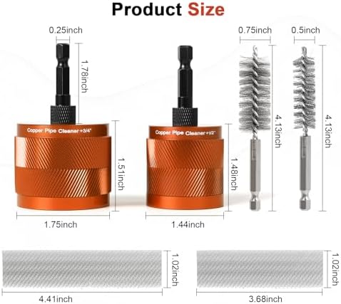 1/2" & 3/4" Copper Pipe Cleaner Set for Drill, with 1/4" Hex Shank & 6 Brush Blades & 2 Pipe Cleaning Brush, Plumbing Tools for Removing Rust, Stains & Paint from Copper & Metal Pipes, Orange - Image 7