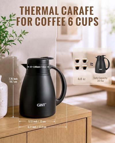 GiNT Insulated Coffee Carafe 34 Oz, Small Stainless Steel Flask for Hot Coffee with Fully Washable Detachable Lid, Portable Thermal Pitcher One-Hand Push Button Tea Dispenser for Travel Camping Office - Image 6