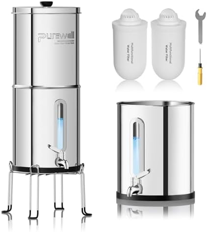 Purewell 2.25G Gravity Water Filter System with Water Level Window - Upgraded 6-Stage 0.01μm Ultra-Filtration Stainless Steel Countertop System - Includes Stand & 2 Filters by Purewell