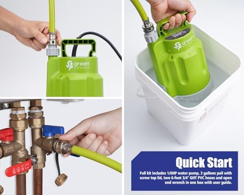 Green Expert Tankless Water Heater Flushing Kit, 1/4HP High-Flow Pump (1800 GPH), 3 Gallon Locking-Lid Bucket, 2×6ft 3/4" GHT PVC Hoses & Wrench, Descaling Maintenance Kit (Descaler Not Included) - Image 6