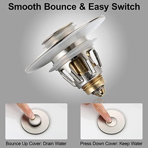 Universal Bathroom Sink Stopper - Bounce Wash Basin Drain Filter, Brushed Nickel Pop Up Drain Stopper, Bullet Core Push Type Sink Stopper, Sink Drain Plug with Anti-Clogging Strainer, for 1.1-1.5 inch - Image 6