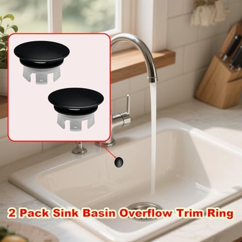 2 Pack Sink Basin Overflow Trim Ring,Solid Brass Bathroom Sink Trim Overfollow Cover,Bathroom Kitchen Sink Trim Overflow Cover Insert in Hole Round Caps(Black) - Image 6