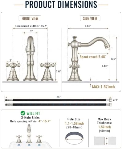 gotonovo Bathroom Faucet 3 Hole Vintage, Brushed Nickel, Script Font Label - Image 6