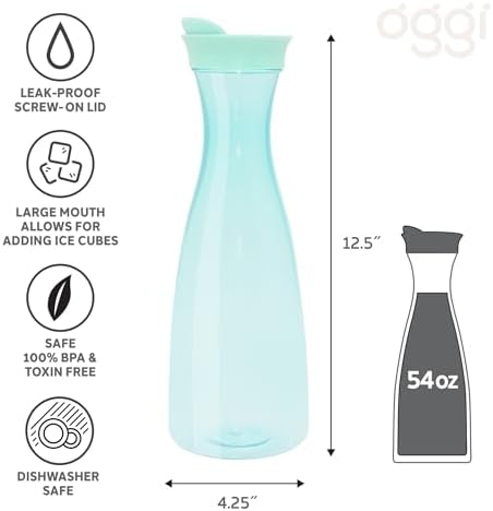 OGGI Clear Carafe w/Flip Open Lid - Ideal Juice Bottle, Clear Pitcher with Lid, Tea Pitcher, Water Carafe, 1.6 Lt(54Oz), Aqua Tint - Image 6