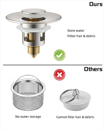 Hibbent 2 Pack All Metal Universal Bathroom Sink Stopper for 1.1''~2.3'' Basin, Pop Up Sink Drain Strainer, Brass Core Push Type Stopper, Stainless Steel Anti Clogging Drain Filter, Brushed Nickel - Image 6