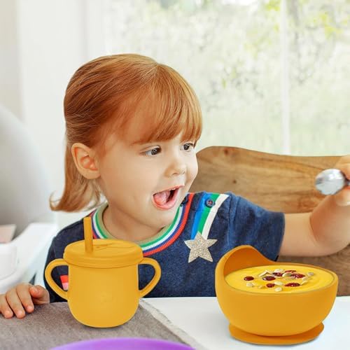 100% Silicone baby feeding set,BPA free Baby dishes set with Suction Bowl Divided Plate,Toddler Self Feeding Dish Set with Spoons Forks Sippy Cup And Bib, Baby Eating Utensils (Pumpkin) - Image 7