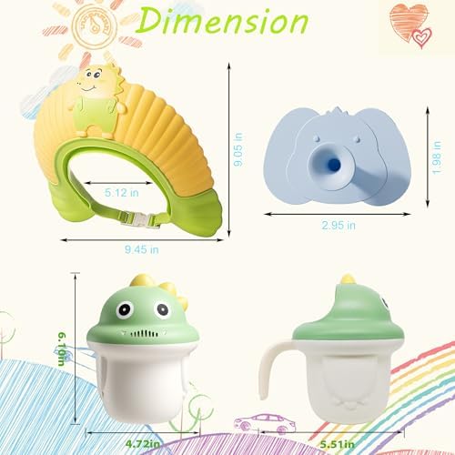 Baby Shower Cap Shield, Bath set shower cap/water cup/massage brush for Eye and Ear Protection, Cute Dinosaur Shape for 0-9 Years Old Children (Pink) - Image 7