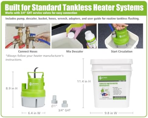 Green Expert Tankless Water Heater Flushing&Descaling Kit with Powder Descaler, 1/3HP Utility Pump for Circulation, 3-Gallon Bucket, 3/4"GHT Red&Blue Hoses for Isolation Valves Cleaning/Maintenance - Image 6