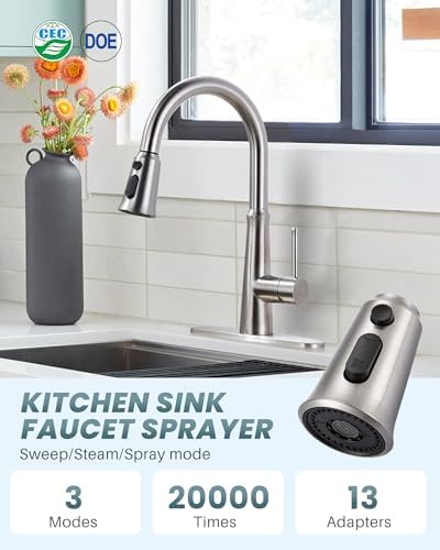 WOWOW Kitchen Faucet Head Replacement, 3 Function Pull Down Faucet Sprayer Head with 13 Adapters, Brushed Nickel Kitchen Sprayer Nozzle Compatible with Moen, Delta, Kohler Faucets - Image 6