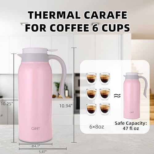 GiNT 51 Oz Stainless Steel Thermal Coffee Carafe, Double Walled Vacuum Insulated Flask, 12 Hour Heat Retention, 1.5 Liter Tea, Water, and Coffee Dispenser (Upgraded version Pink) - Image 6