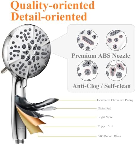 High Pressure Shower Head with Handheld - 5 Spray Settings High Flow Detachable Rain Shower Heads with 60” Extra-long Stainless Steel Hose and Adjustable Bracket with Brass Joint – Brushed Nickel - Image 6