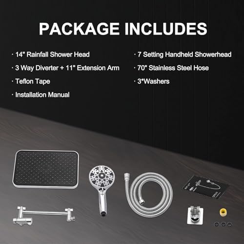 14 Inch Square Rain Shower Head Combo, 7 Settings Handheld Spray, Water Saving with Check Valve, Anti-Clog Nozzles, Tool-Free Installation for Bathroom Upgrade - Image 7