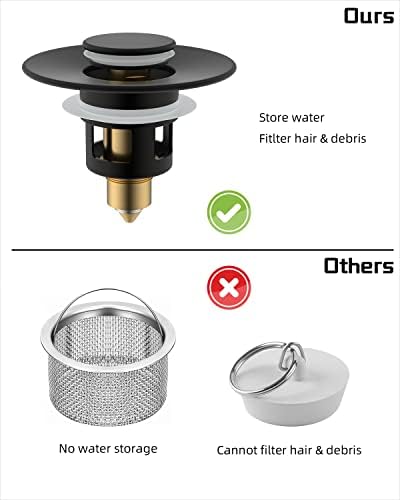 Hibbent All Metal Universal Bathroom Sink Stopper for 1.1''~2.3'' Basin, Pop Up Sink Drain Strainer, Brass Bullet Core Push Type Stopper, Stainless Steel Anti Clogging Drain Filter, Matte Black - Image 6