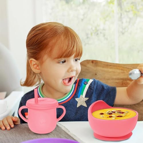 100% Silicone baby feeding set,BPA free Baby dishes set with Suction Bowl Divided Plate,Toddler Self Feeding Dish Set with Spoons Forks Sippy Cup And Bib, Baby Eating Utensils (Hot Pink) - Image 7
