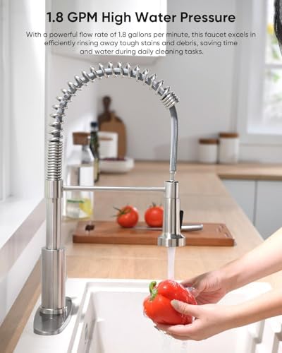 Pull Down Kitchen Faucet with Spring Sprayer, Brushed Nickel — SUS304 Lead-Free Stainless Steel, Single Handle, Fits 1 or 3-Hole Sink with Deck Plate for Farmhouse, RV, Bar, Laundry Room - Image 6