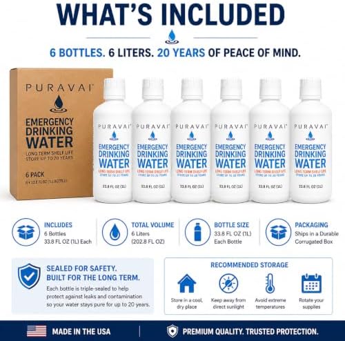 Ready Harvest Puravai Emergency Drinking Water, 6-Pack (1 Liter Bottles), 20-Year Shelf Life, Long-Term Water Storage for Emergency Preparedness, Disaster Kits, Survival Supplies - Image 6