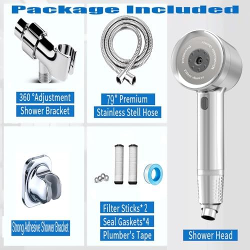 Shower Head with Handheld, High Pressure Shower Head with Pause Switch 4 Spray Modes Filter Showerhead with 79 in Hose, Adhesive Wall Mount, Bracket and Replace Filter(Premium Chrome) - Image 7