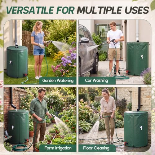 Waydress Collapsible Rain Barrel, Portable Rainwater Collection System with Spigots, Mesh Filter & Overflow Kit, Leak-Proof Foldable PVC Water Storage Tank for Garden, Car Washing(100 Gallon,Green) - Image 6