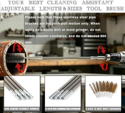 Drill-Powered Pipe Cleaning Brush Set with Brass & Stainless Steel Bristles - Image 6