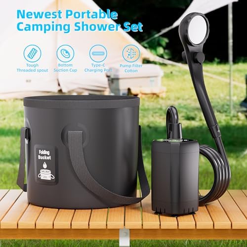 Moriko Portable Camping Shower, 6000mAh Rechargeable Shower Pump, Filtered Shower Head & 5 Gallons Foldable Bucket, Outdoor Shower for Hiking Beach, Travel, Pet Bath, Car Washing, Surf & Boat Cleaning - Image 6