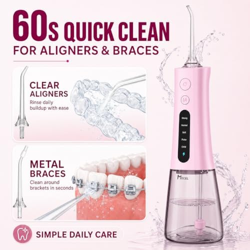 MOCEL Water Dental Flosser, Cordless Portable Oral Irrigator with OLED Display, 300ml Water Tank, 5 Cleaning Modes, 6 Jet Tips, IPX7 Waterproof Rechargeable Teeth Cleaner for Home, Travel, Braces Pink - Image 6