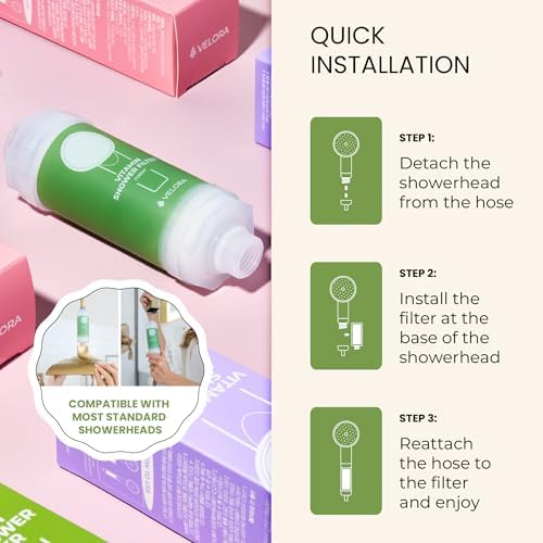 VELORA Vitamin C Shower Filter and Water Softener for Hard Water - Aromatherapy Shower Head Attachment - Universal Fit, Easy to Install - Reduces Dry Itchy Skin and Nourish Hair - Forest-Scented - Image 6