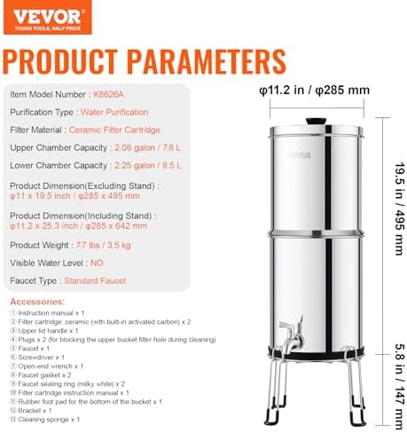 VEVOR Gravity-fed Water Filter System, 2.25G 304 Stainless-Steel Countertop Water Filtration System, Reduces Lead and up to 99% of Chlorine, with 2 Ceramic Carbon Filters, Spigot, and Stand - Image 7