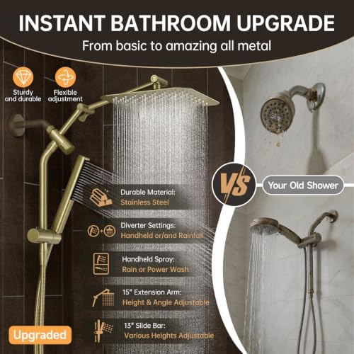 Veken All Metal 10" Luxurious Gold Rain Shower Head with Handheld,Power Jet - Image 6