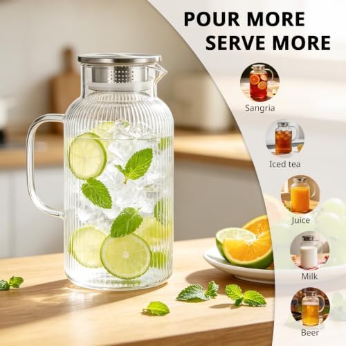 Bivvclaz 2 Pack 2 Liter 68 oz Stripes Glass Pitcher with Lid and Handle - Image 7