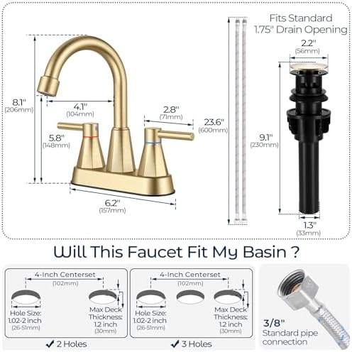 Bathroom Sink Faucet Brushed Gold, 2-Handle 4-inch Centerset Faucet - Image 7