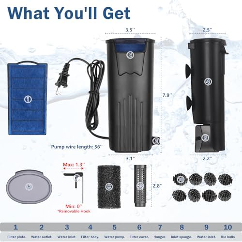 Turtle Tank Filter Aquarium Internal Filter for 3 to 20 Gallon Fish Tank, Bio-filtration Low Water Level Small Power Canister Filter, Frog Shrimp Newt Betta Water Clean, Hang On Back Waterfall Quiet - Image 7